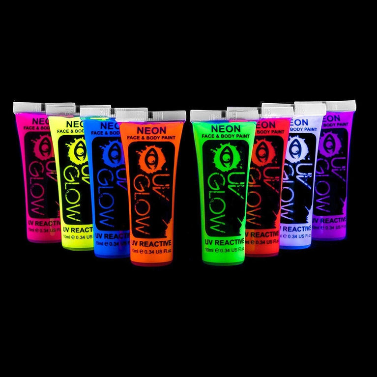 8-Tube Ultimate Glow UV Reactive Neon Face & Body Paint Set - Cosmetically Certified & UK Made