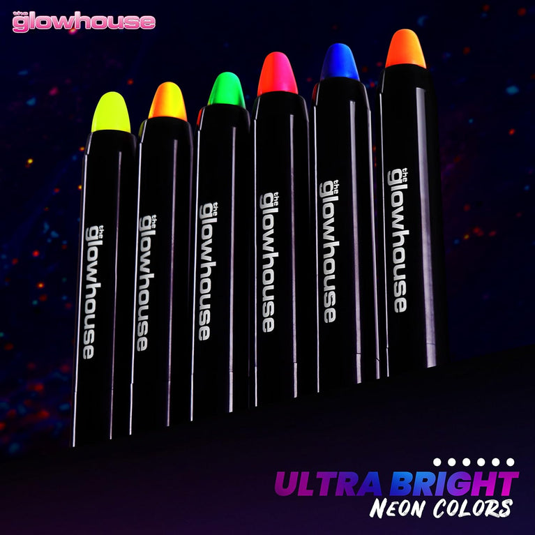 Ultra-Bright UV Reactive Neon Face and Body Paint Sticks by Glowhouse - Pack of 6, Vegan and Cruelty-Free