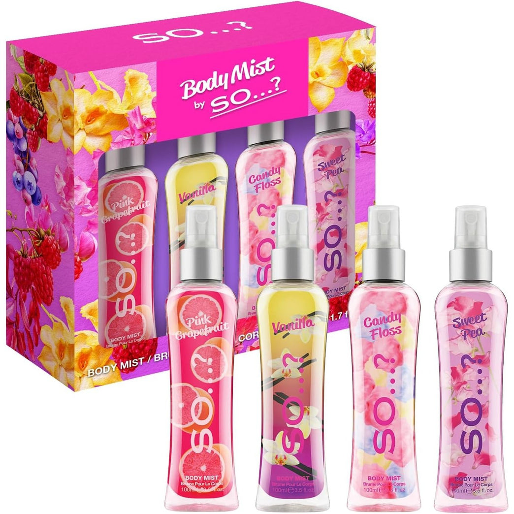 So...? Luscious Four Womens Body Mist Gift Set with Four Fragrances, Pink Grapefruit, Vanilla, Candy Floss, & Sweet Pea - 4x100ml