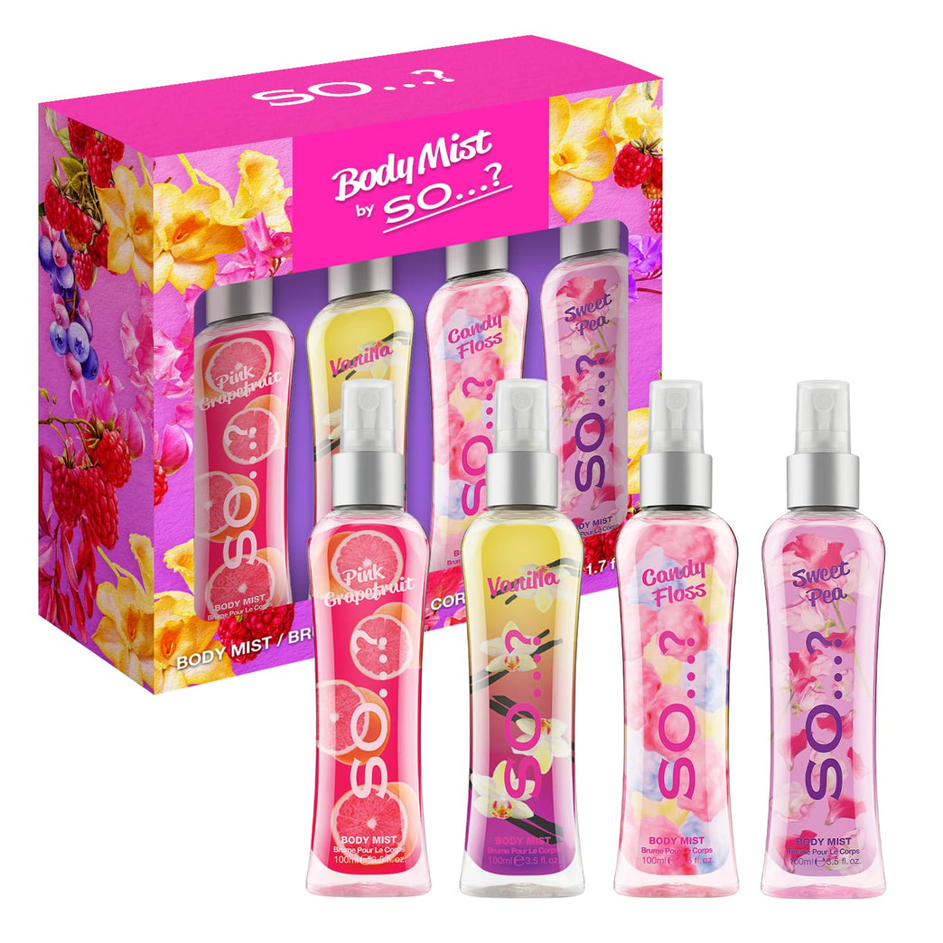 So...? Luscious Four Womens Body Mist Gift Set with Four Fragrances, Pink Grapefruit, Vanilla, Candy Floss, & Sweet Pea - 4x100ml