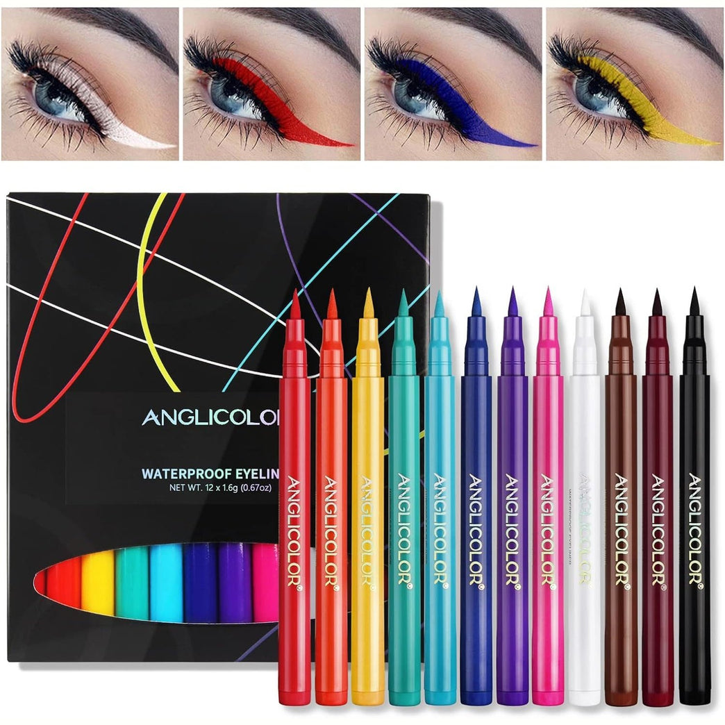 Anglicolor Rainbow Matte Eyeliner Set, 12 Vibrant Colors, Waterproof, Smudge-Proof, Long Lasting, Intensely Pigmented Eyeliner Pens for Special Occasions and Daily Wear