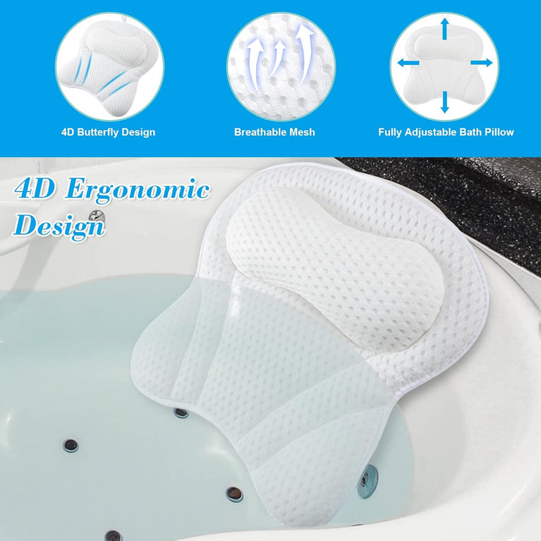 4D Ergonomic Bath Pillow with Air Mesh Technology for Bath, Hot Tub, and Home Spa (White)