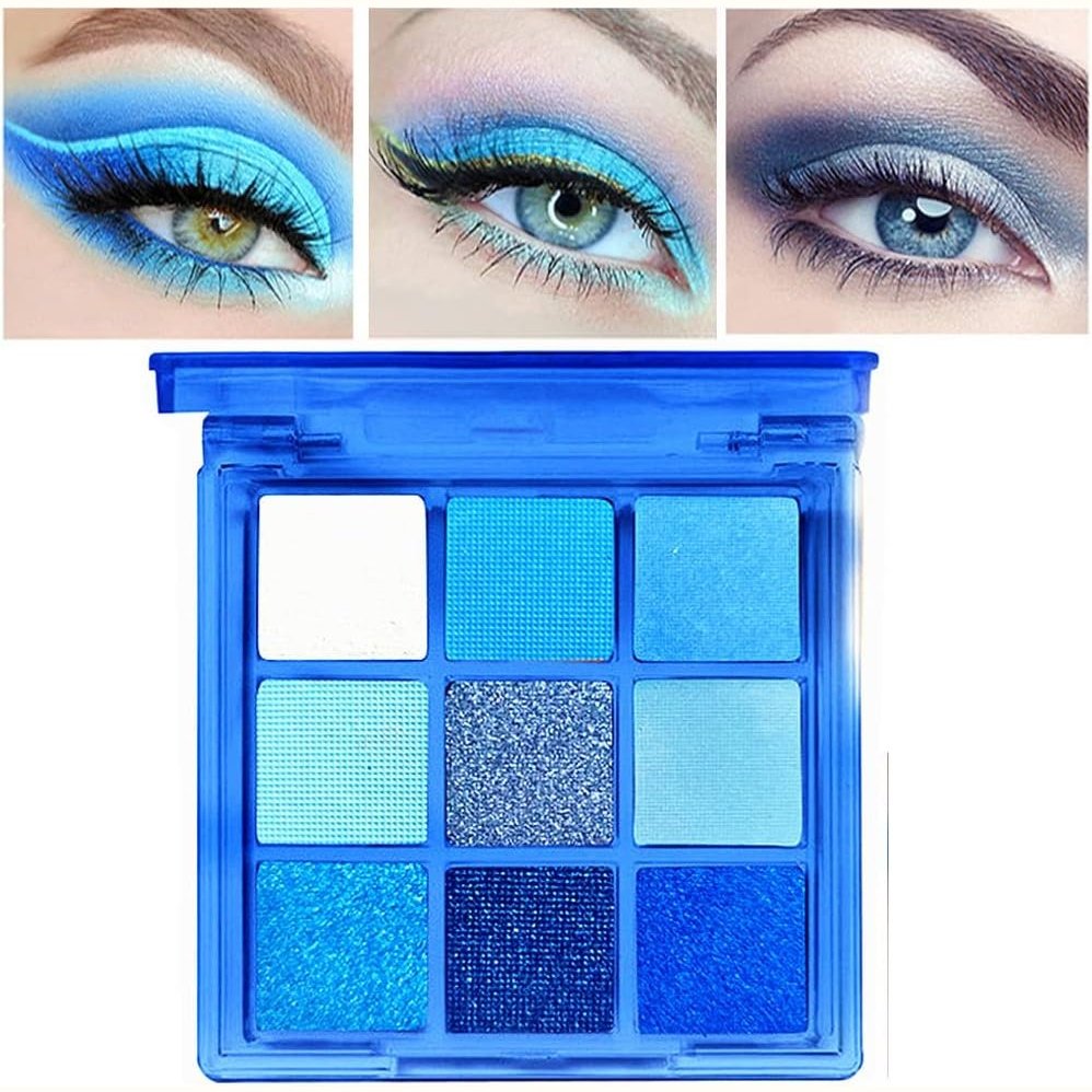 Glittery Navy Blue Eyeshadow Palette: Waterproof Shimmer and Matte Eye Makeup with 9 Cool Tone Shades