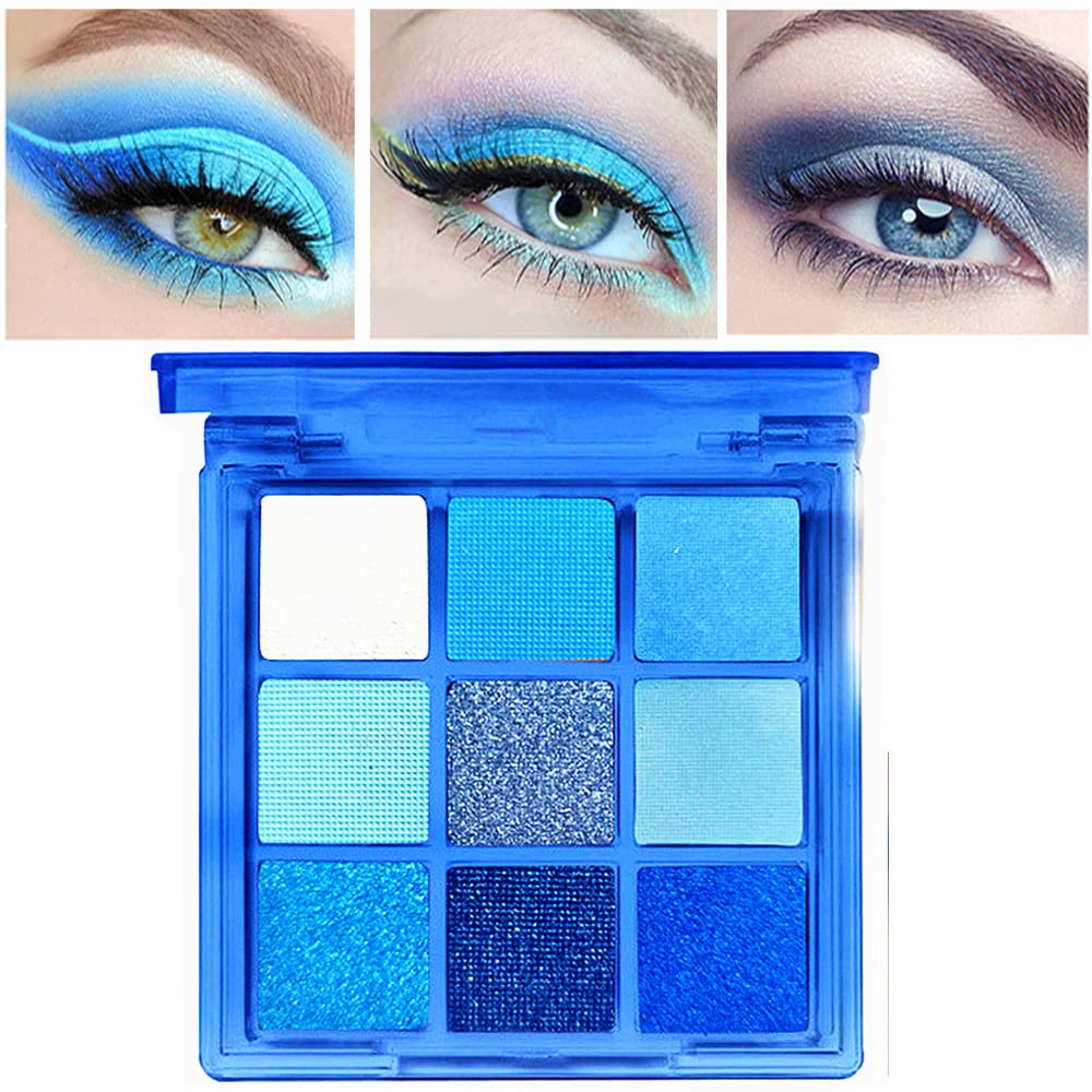 Glittery Navy Blue Eyeshadow Palette: Waterproof Shimmer and Matte Eye Makeup with 9 Cool Tone Shades