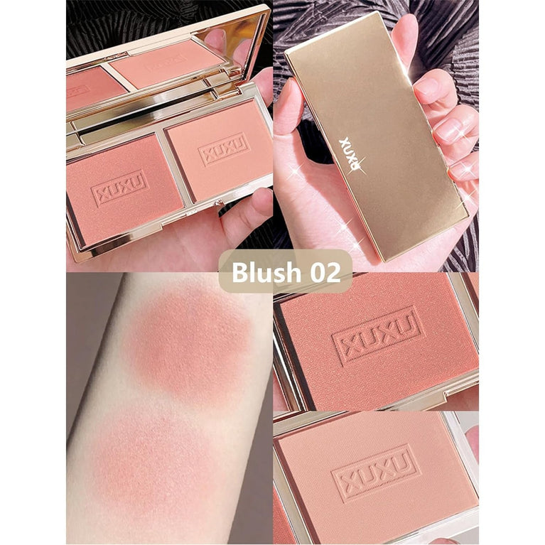 Portable 2-Shade Blush Makeup Kit with Mirror and Brush, Matte & Shimmer Finish, Dermatologist-Tested, Suitable for All Skin Tones