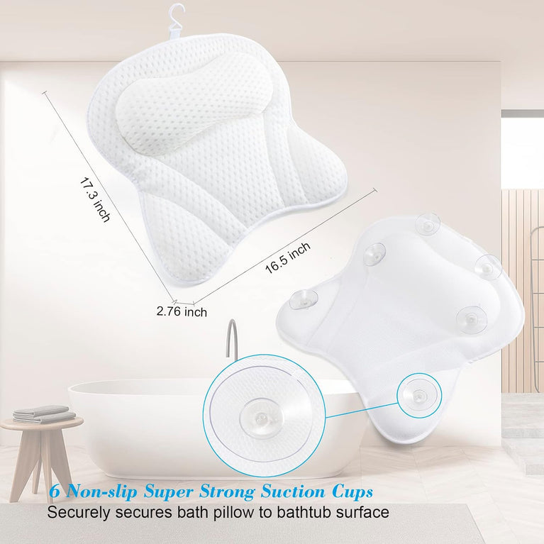 4D Ergonomic Bath Pillow with Air Mesh Technology for Bath, Hot Tub, and Home Spa (White)