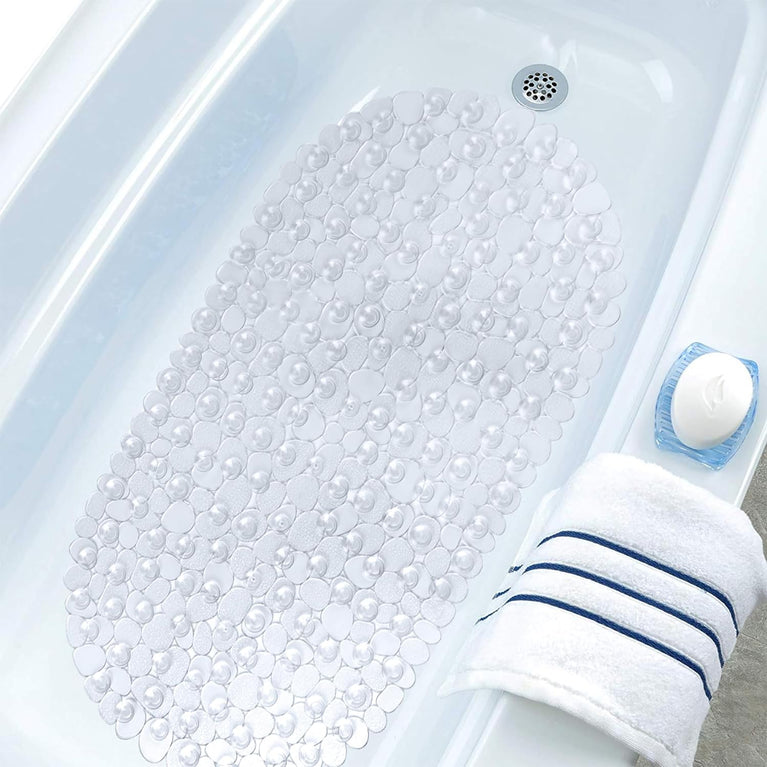 Non-Slip Clear Pebble Bath Mat with Drain Holes, 69 x 36 cm