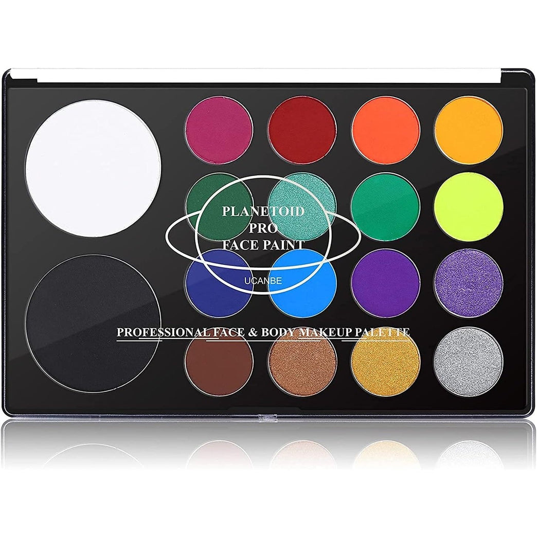 UCANBE Professional 18-Color Face & Body Painting Palette - Water Activated SFX Makeup Kit for Halloween, Cosplay, Theater & Stage with Extra Large Black & White Pans, Neon & Metallic Shades