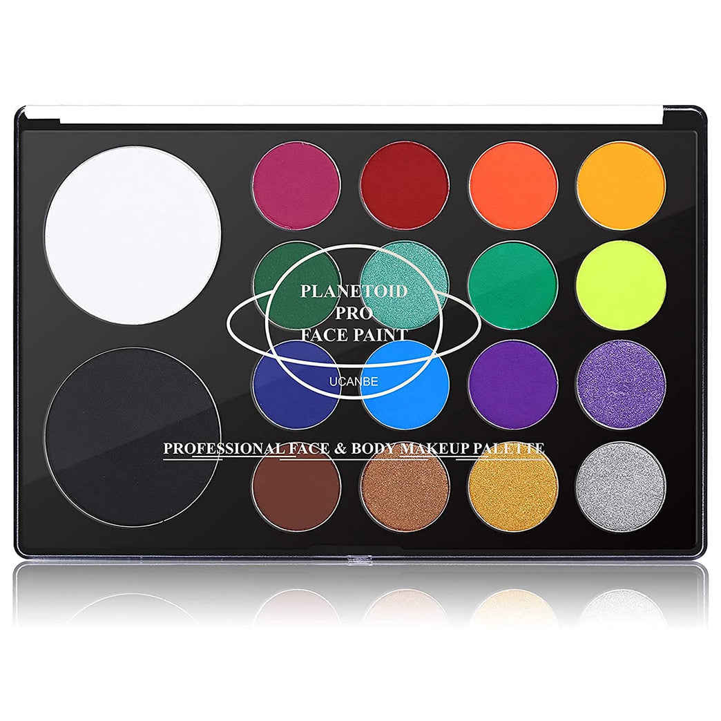 UCANBE Professional 18-Color Face & Body Painting Palette - Water Activated SFX Makeup Kit for Halloween, Cosplay, Theater & Stage with Extra Large Black & White Pans, Neon & Metallic Shades