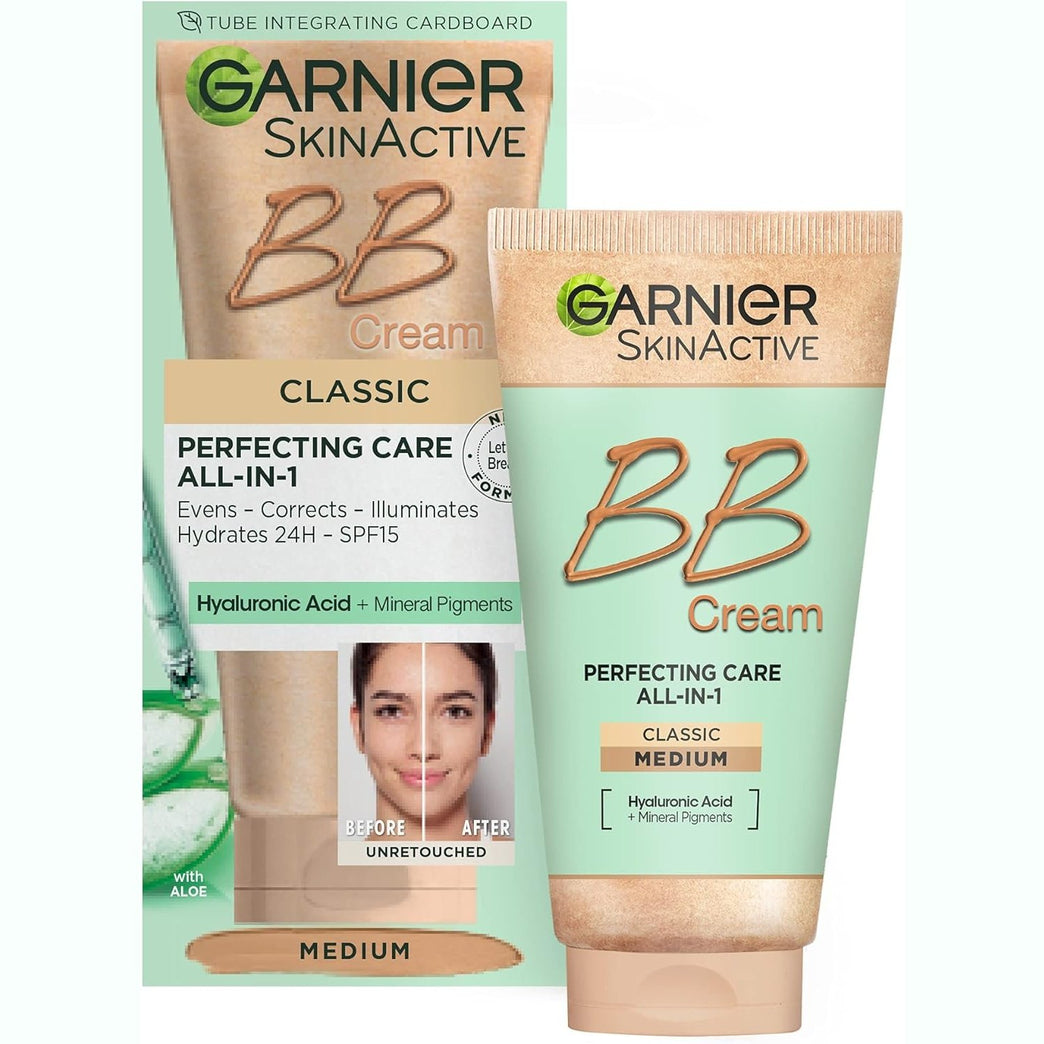 Garnier All-in-One Skin Perfecting BB Cream with SPF 15, Hydrating Aloe and Hyaluronic Acid, Classic Medium Shade, Mineral Pigments for Brightening, Suitable for All Skin Types, 50 ml