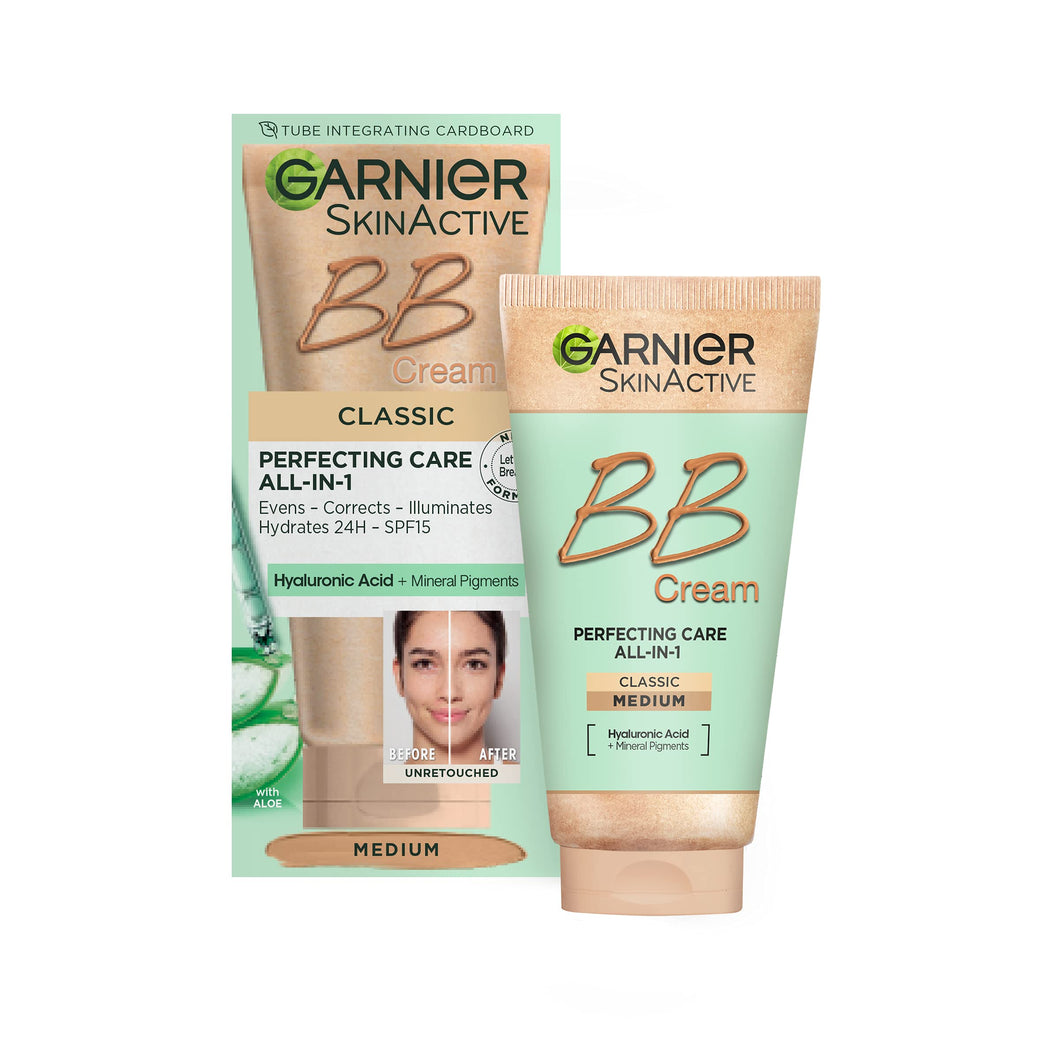 Garnier All-in-One Skin Perfecting BB Cream with SPF 15, Hydrating Aloe and Hyaluronic Acid, Classic Medium Shade, Mineral Pigments for Brightening, Suitable for All Skin Types, 50 ml