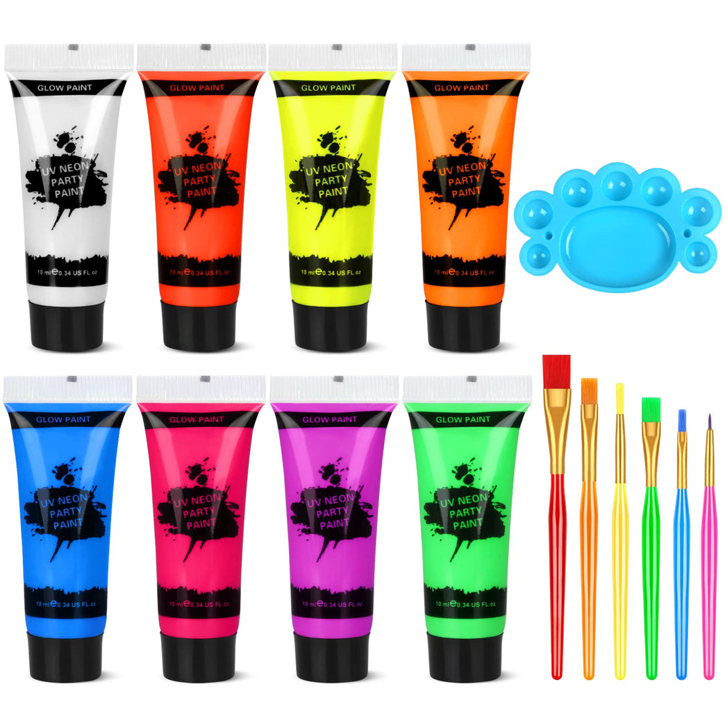 Neon UV Blacklight Reactive Body and Face Paint Set with Brushes and Palette - Non-Toxic and Easy to Clean - 8 Brilliant Fluorescent Colors (10ml each)