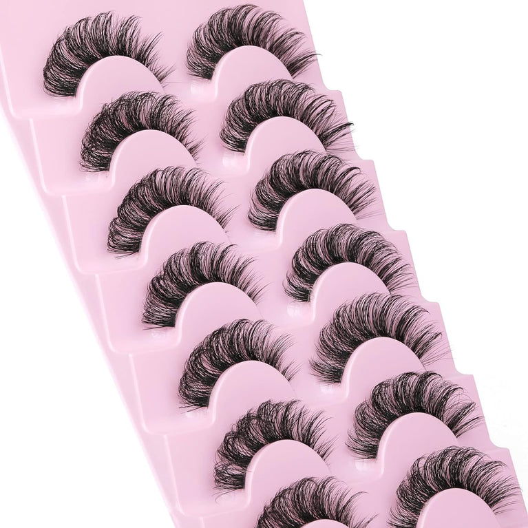 Goddvenus 16mm Natural-look Eyelash Pack, 3D Curly Cat Eye Lashes Strips, 7 Pairs of Reusable Fluffy D Curl Short Volume Lashes with Clear Band – Resembles Extensions