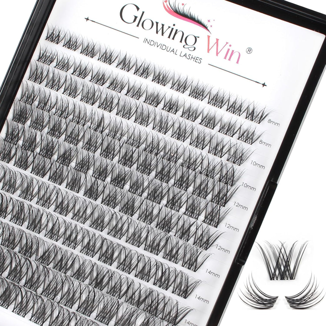 GlowingWin Home DIY Lash Extensions - 144PCS Wispy False Eyelashes in Mixed Lengths, C D Curl Strip Eye Lashes with Transparent Band, Cruelty-Free Natural Look Cluster Lashes 8-16mm, Durable and Reusable