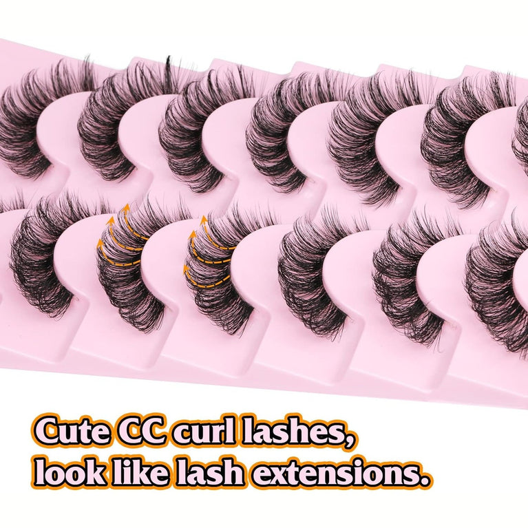 Goddvenus 16mm Natural-look Eyelash Pack, 3D Curly Cat Eye Lashes Strips, 7 Pairs of Reusable Fluffy D Curl Short Volume Lashes with Clear Band – Resembles Extensions