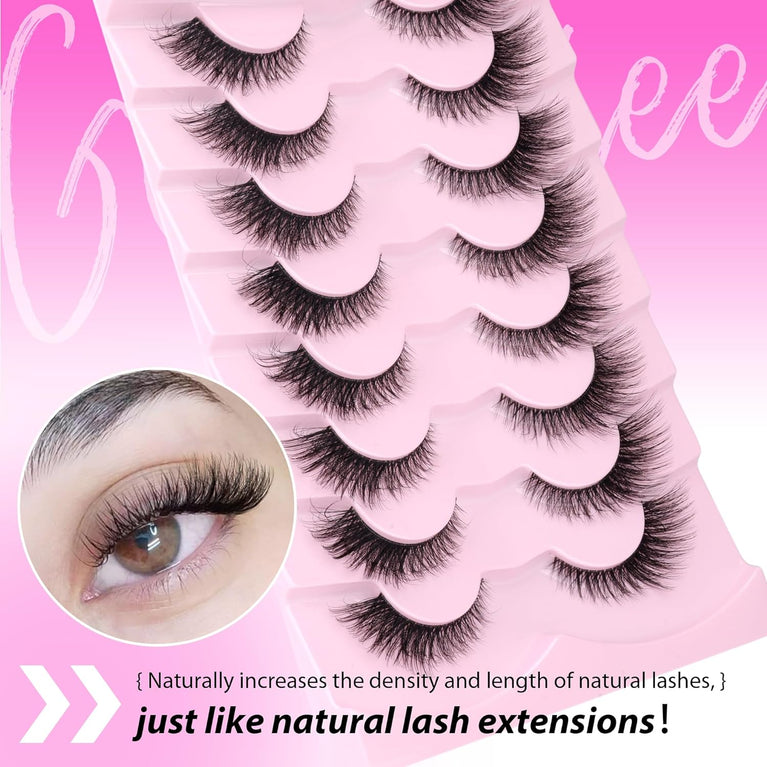 GVEFETIEE Premium Faux Mink Wispy Eyelashes with Ultra-Fine Clear Band, Natural Fox Eye Lashes, 8 Pairs Pack - Lightweight, Reusable, and Suitable for All Occasions