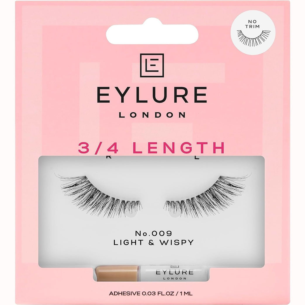 Eylure 009 Black Lengthening False Eyelashes, Reusable and Contact Lens Friendly, Glue Included - 1 Pair