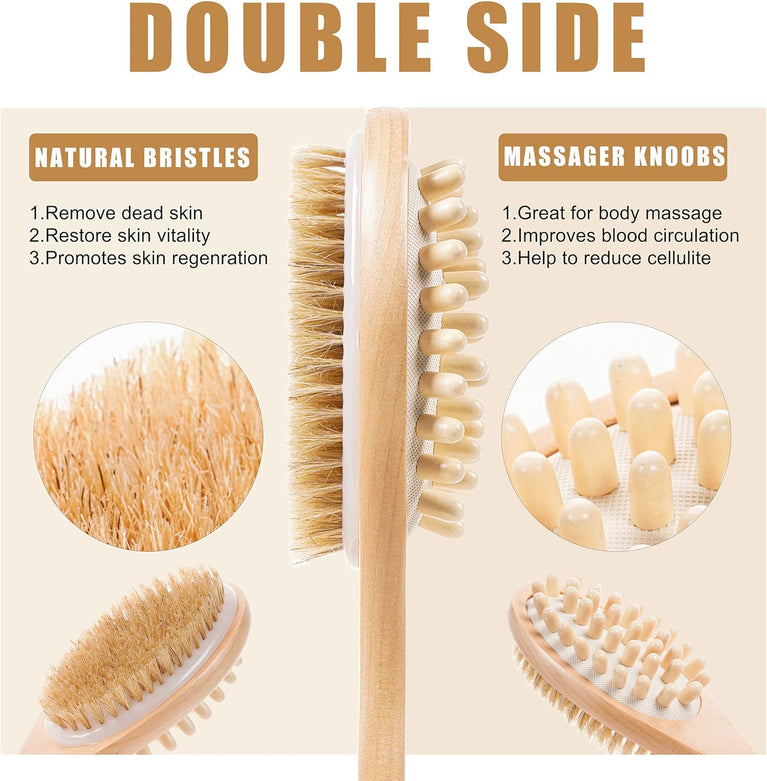 Luxurious 2 in 1 Natural Bristle Back Scrubber for Shower with Long Handle