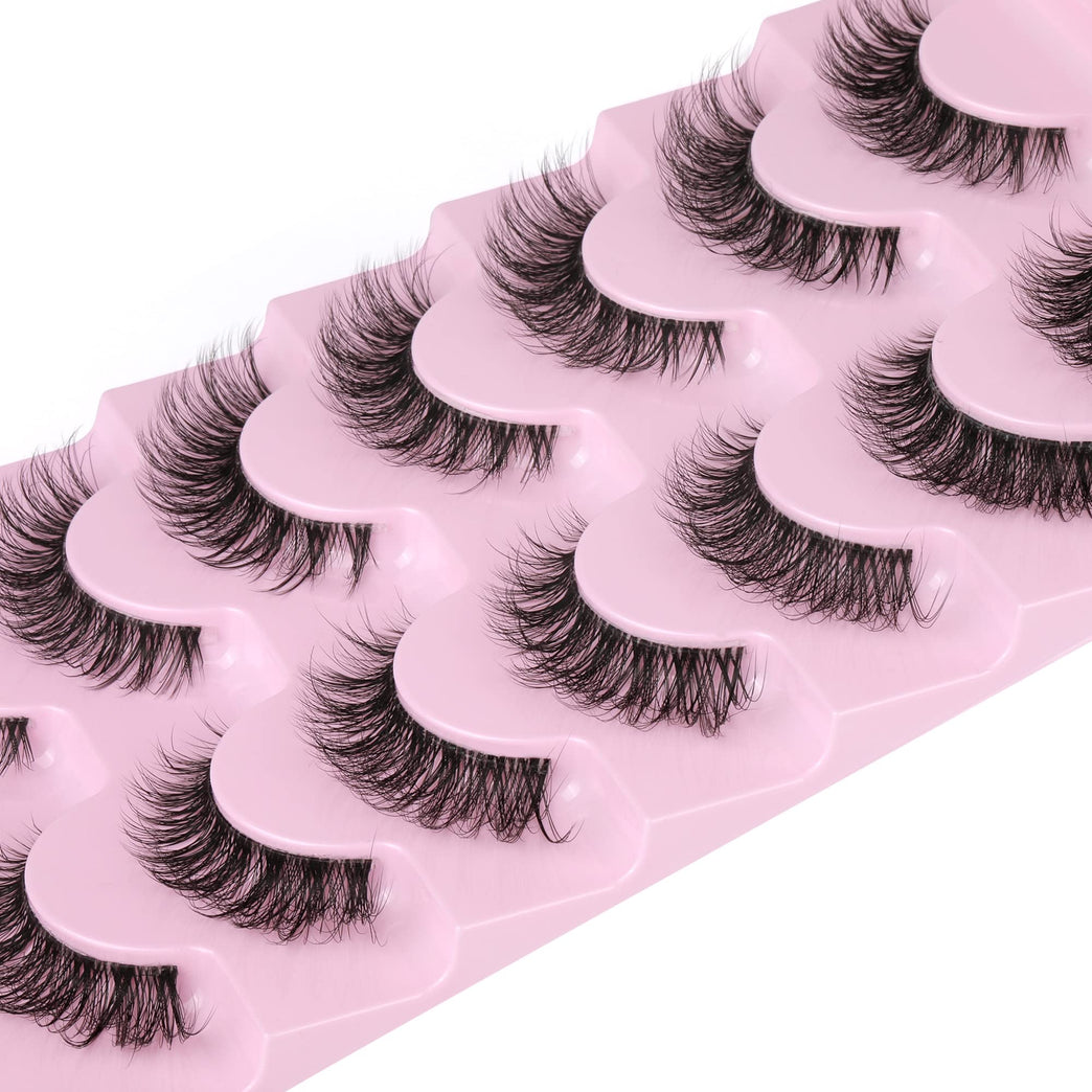 JIMIRE 3D Faux Mink Eyelashes with Transparent Band - Cat Eye Style, 15MM Medium Length, D Curl, 7 Pairs Pack - Natural Look & Fluffy Lashes for High-End Makeup Look