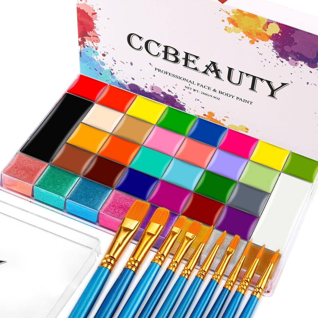 CCbeauty 36-Color Professional Face Paint Kit with Brushes: Oil-Based Halloween Neon Body Paint, Featuring Classic, Metallic and Glow-in-the-Dark Shades, Ideal for SFX and Cosplay