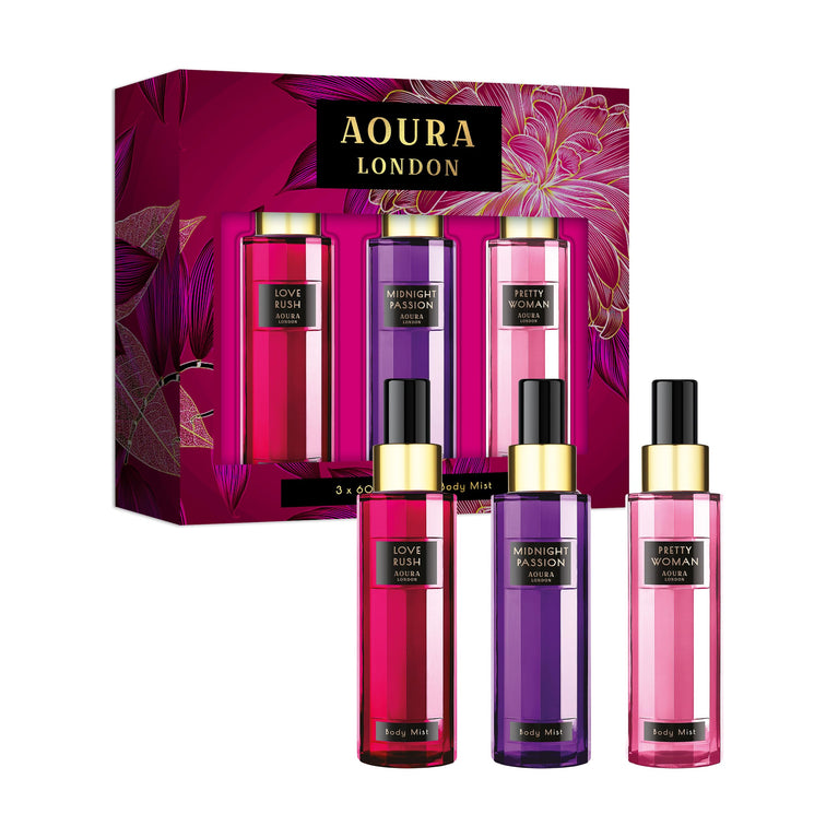 AOURA LONDON Trio Womens Body Mist Gift Set with Fragrance Sprays in Midnight Passion, Love Rush, & Pretty Woman - 3x60ml