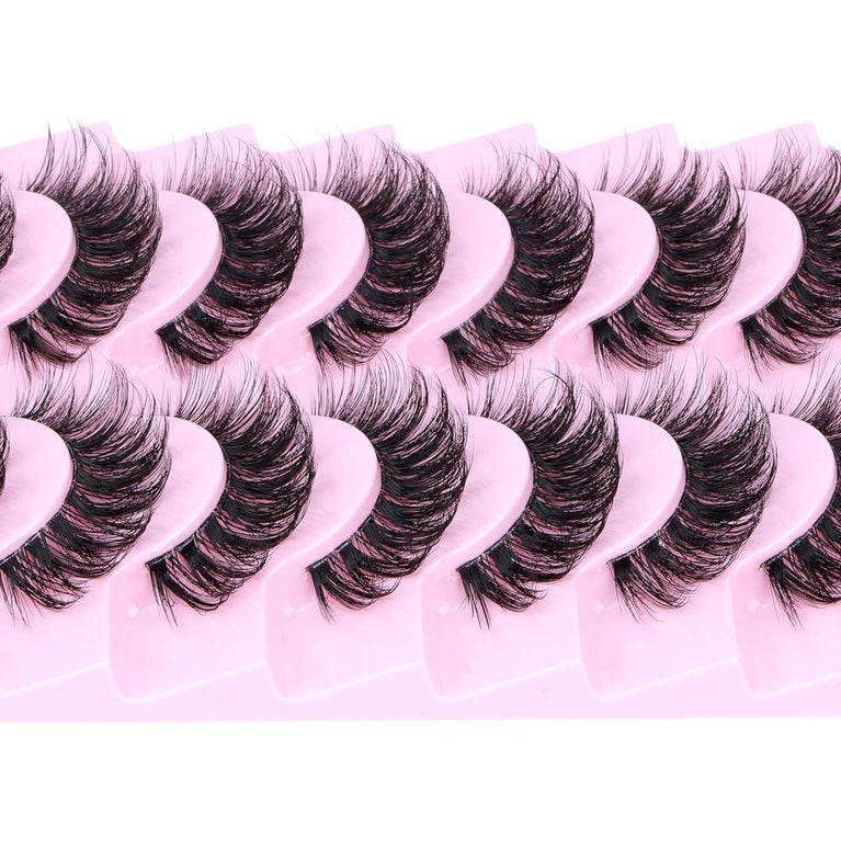 Calphdiar Fluffy 3D Volume False Eyelashes: 14mm Natural D-Curl Wispy Strip Lashes, 10 Pair Pack