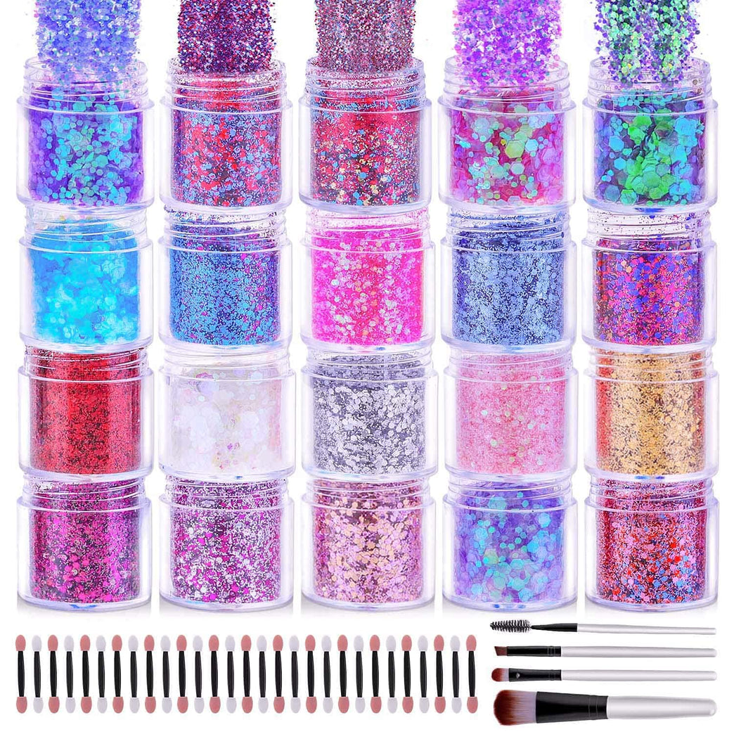 Cridoz Festival Glitter Value Pack: 20 Dazzling Colors Eye, Face, and Hair Craft Glitter with Makeup Tools for Body Art, Cosmetic Face Painting and Nail Art, 200g