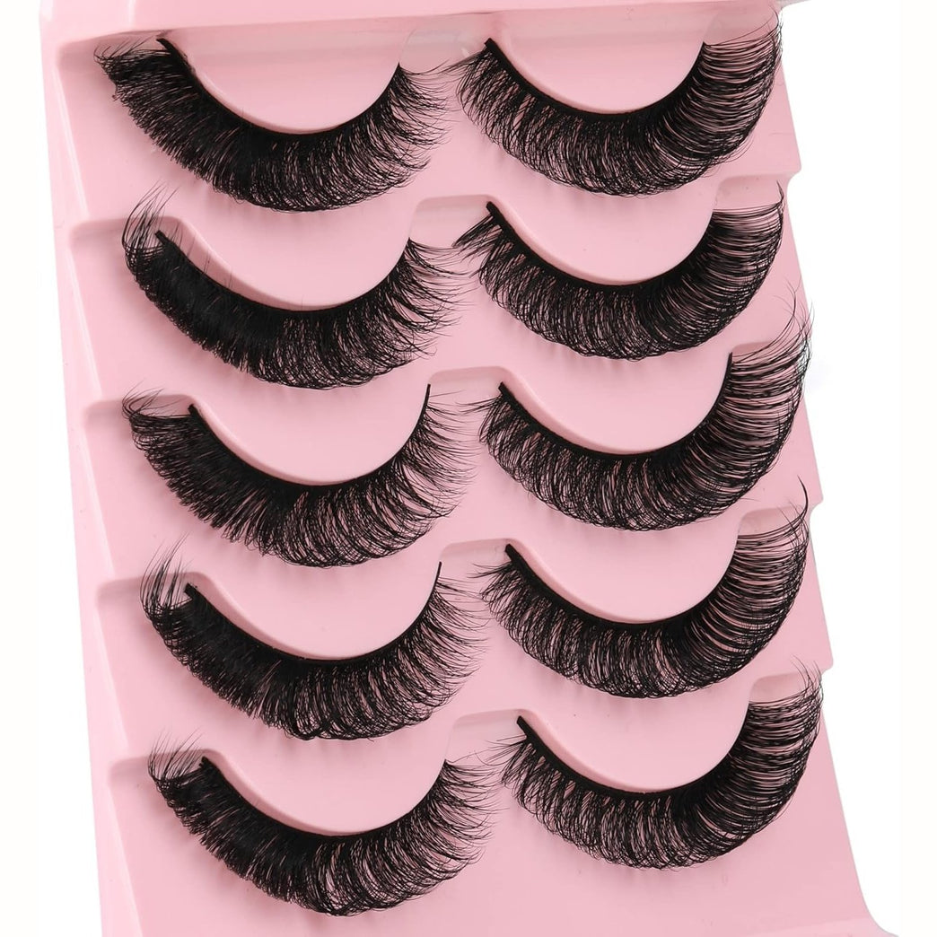 Newcally Plant Fiber Strip Lashes - Russian Style, Natural Wispy & Fluffy 3D False Eyelashes, Thick D-Curl Faux Mink Lashes, Cat Eye Effect, Pack of 5 Pairs