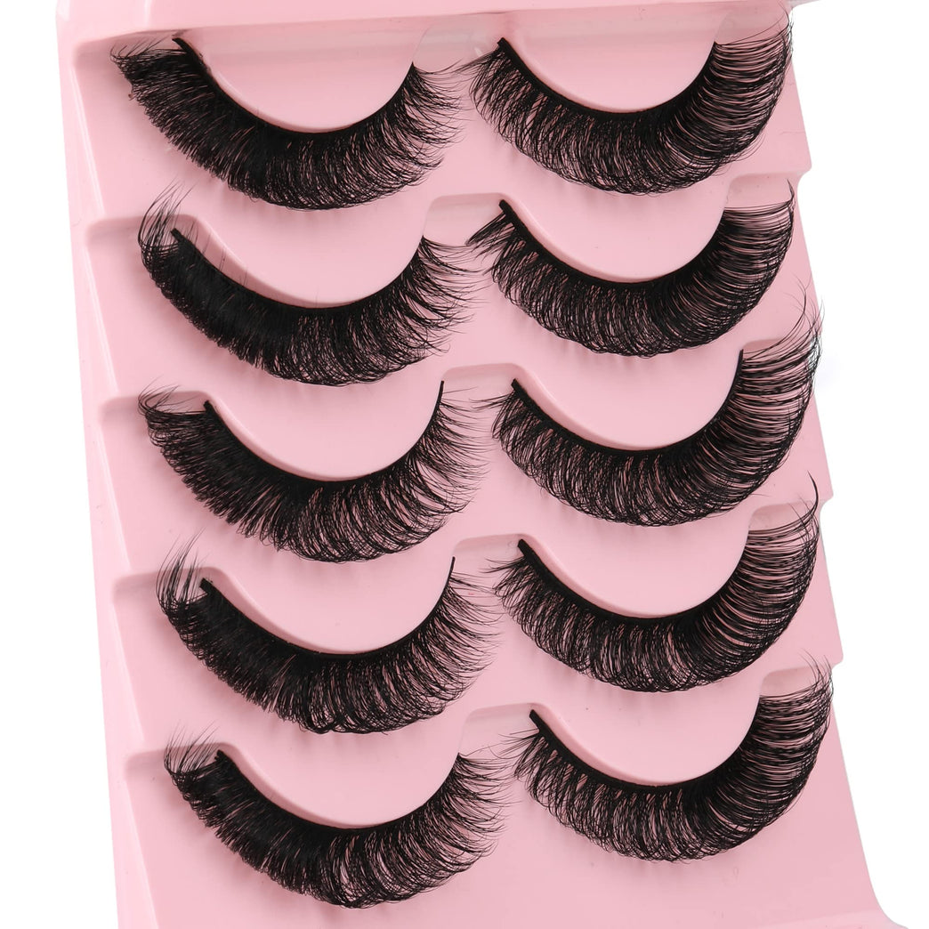 Newcally Plant Fiber Strip Lashes - Russian Style, Natural Wispy & Fluffy 3D False Eyelashes, Thick D-Curl Faux Mink Lashes, Cat Eye Effect, Pack of 5 Pairs