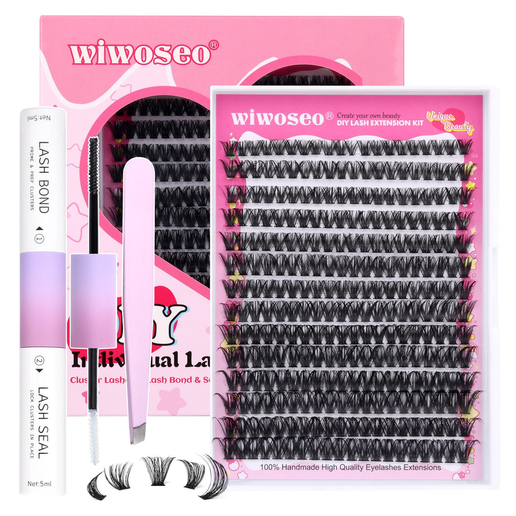 Wiwoseo Home Eyelash Extension Kit with Natural Russian Cluster Lashes, Bond & Seal Glue, and Tweezer – DIY Individual Lash Kit for Easy Self-Application (50pc 9-16MM)