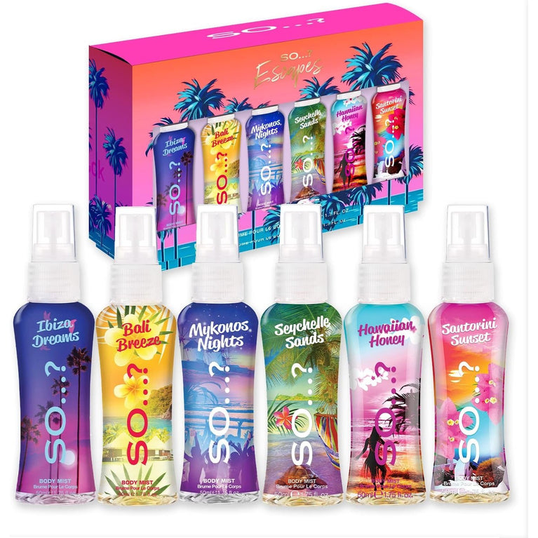 So...? Escapes Grande Womens Gift Set with 6 Body Mist Fragrance Sprays