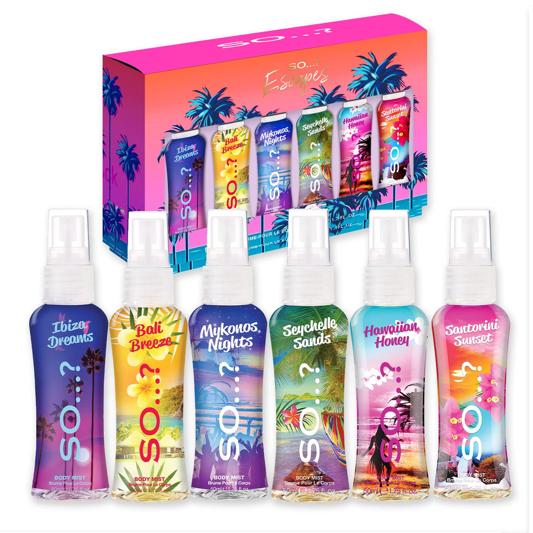 So...? Escapes Grande Womens Gift Set with 6 Body Mist Fragrance Sprays