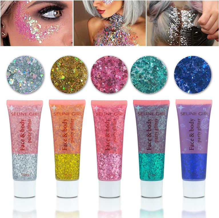 Veroa 5-Pack Multicolor Chunky Glitter Gel Set, 75ml Holographic Mermaid Sequins for Body, Hair, Face, Eye & Lip, All-Day Vegan Festival Makeup with Easy Application and Removal, Cruelty-Free