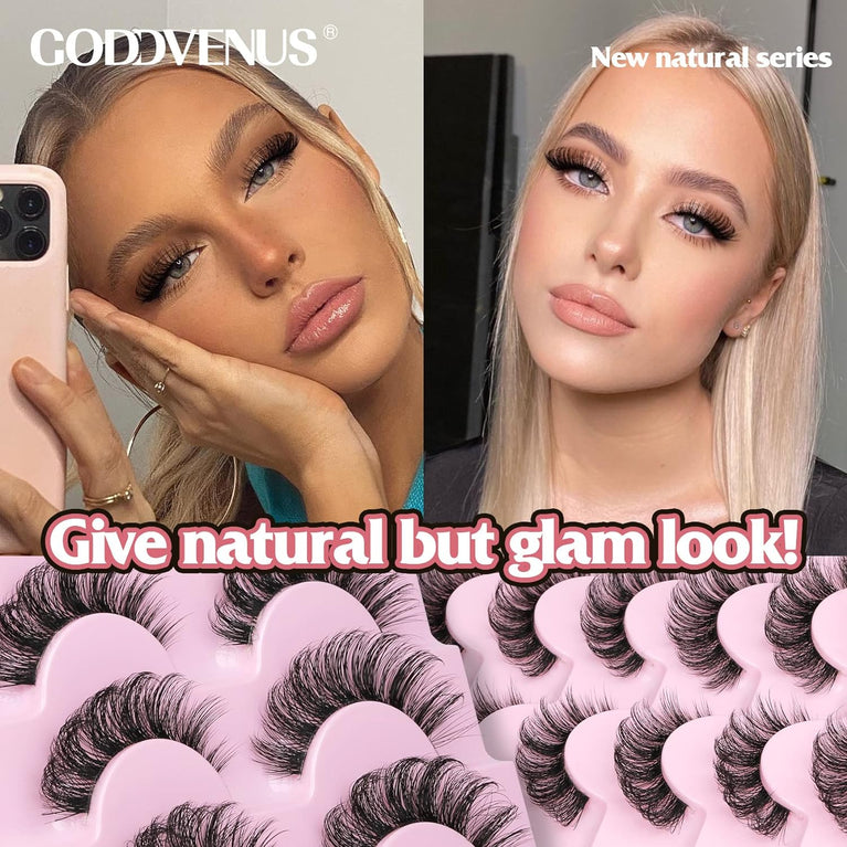 Goddvenus 16mm Natural-look Eyelash Pack, 3D Curly Cat Eye Lashes Strips, 7 Pairs of Reusable Fluffy D Curl Short Volume Lashes with Clear Band – Resembles Extensions