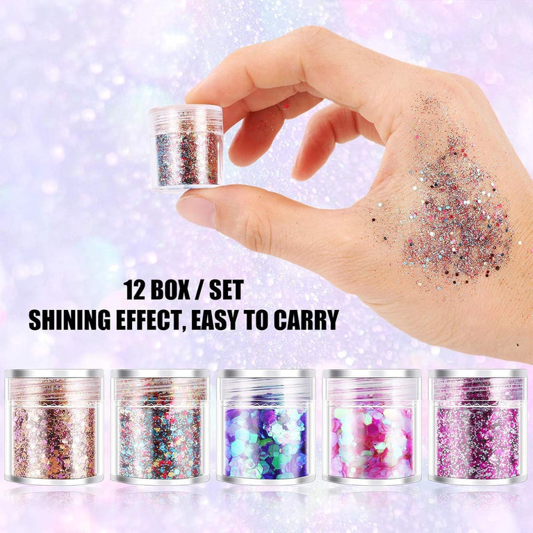 DazSpirit 12-Shade Holographic Glitter Powder Set for Face, Body, Nail and Crafts - Environmentally Friendly Festival Accessories with Varied Sizes