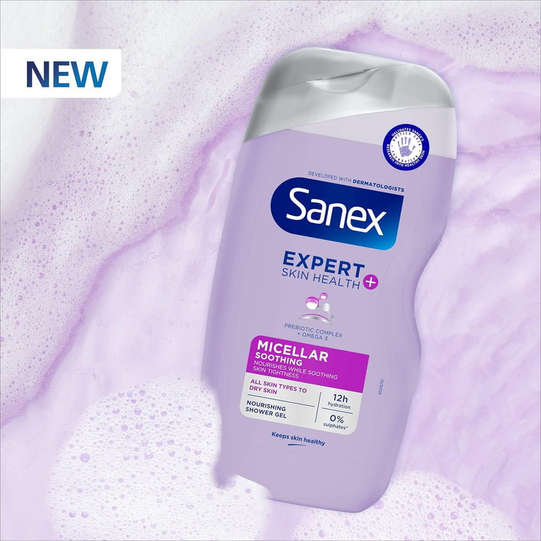 Sanex Expert Skin Health+ Micellar Soothing Shower Gel 515ml, for Dry and Tight Skin, Unisex Body Wash for 12-Hour Hydration