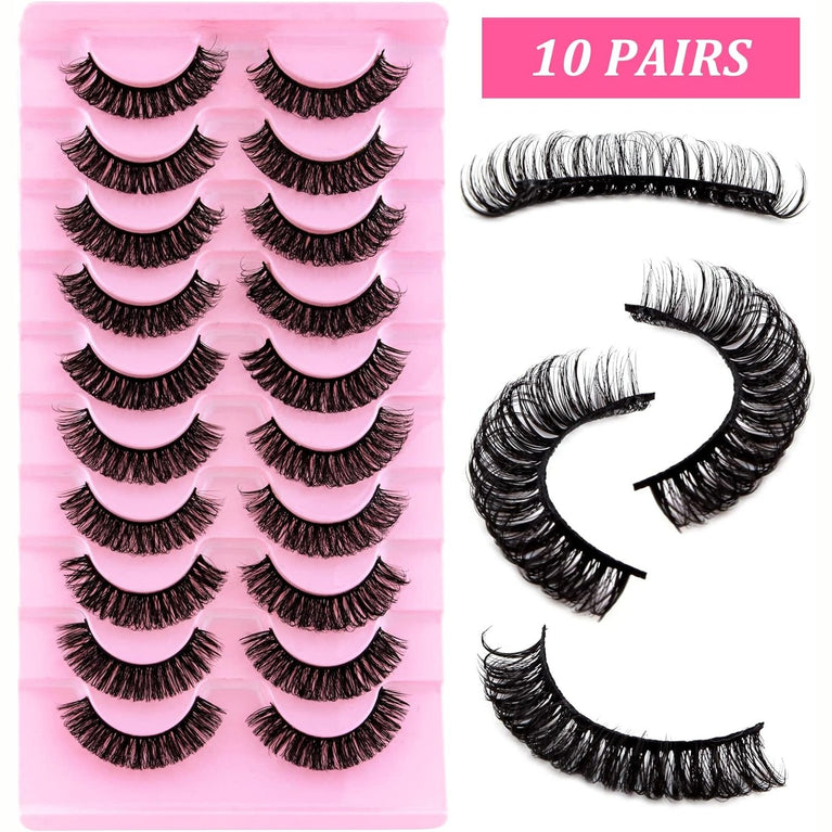 Russian DD-Curl Reusable Faux Mink Eyelashes: Fluffy, Long & Dramatic Handmade Strip Lashes, 10 Pairs, Natural Look (DH0603)