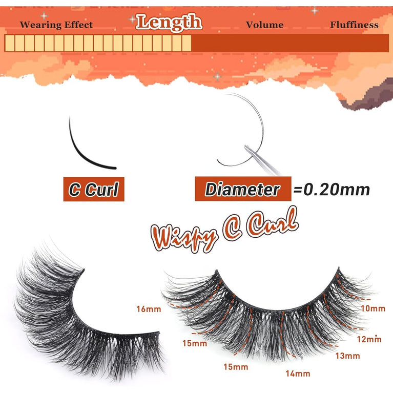 Goddvenus Premium Cat Eye False Eyelashes - 5D Russian Strip Lashes, Natural Look, Fluffy Fake Lashes, 14 Pairs CC Curl Wispy Eyelash Set, Durable Cotton Band - For Everyday Glamour