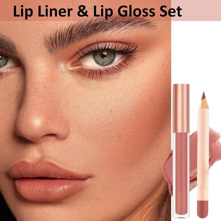 Volume-Enhancing Lipstick and Lip Liner Set - Waterproof, Long-Lasting Lip Stain in Nude Shade - Non-Sticky, Highly Pigmented Lip Makeup Kit for Everyday Use (07)