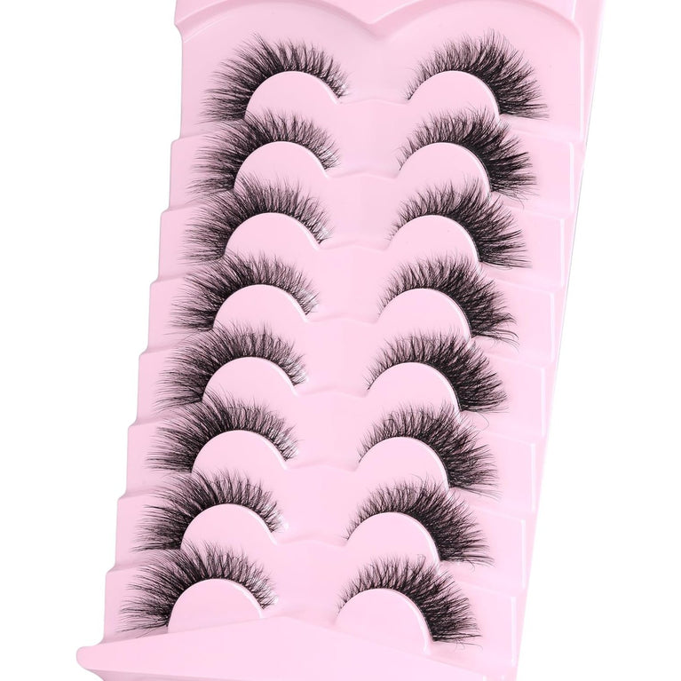 GVEFETIEE Premium Faux Mink Wispy Eyelashes with Ultra-Fine Clear Band, Natural Fox Eye Lashes, 8 Pairs Pack - Lightweight, Reusable, and Suitable for All Occasions