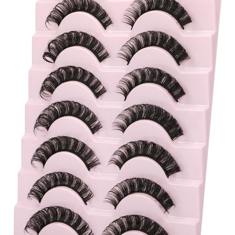 Wiwoseo Russian Strip D-Curly Eyelashes - Natural, Wispy, Fluffy 3D Hybrid Faux Eyelashes, 10 Pair Pack - Mimics Extensions, Handmade with 100% Cruelty-Free Mink, Cotton Band for Comfortable Wear
