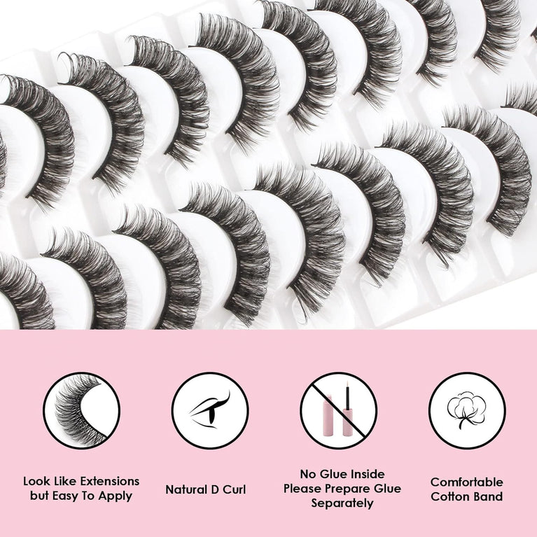 Glowingwin Russian Strip Faux Eyelashes, Natural Look 3D Volume, D Curl, Handmade, Fluffy, Reusable, Dramatic 10 Pairs False Lashes Pack - Ideal for Daily Wear & Special Occasions