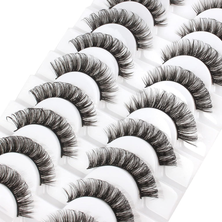 Glowingwin Russian Strip Faux Eyelashes, Natural Look 3D Volume, D Curl, Handmade, Fluffy, Reusable, Dramatic 10 Pairs False Lashes Pack - Ideal for Daily Wear & Special Occasions