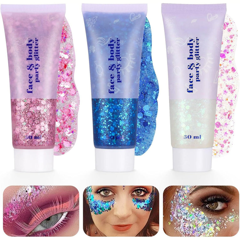 Mermaid Sequin Body Gel Set: 3Pcs 50ml Holographic Glitter Makeup, Chunky Powder for Face, Body, Eye, Hair, Nail Art, and DIY Projects - Perfect for Festivals and Parties