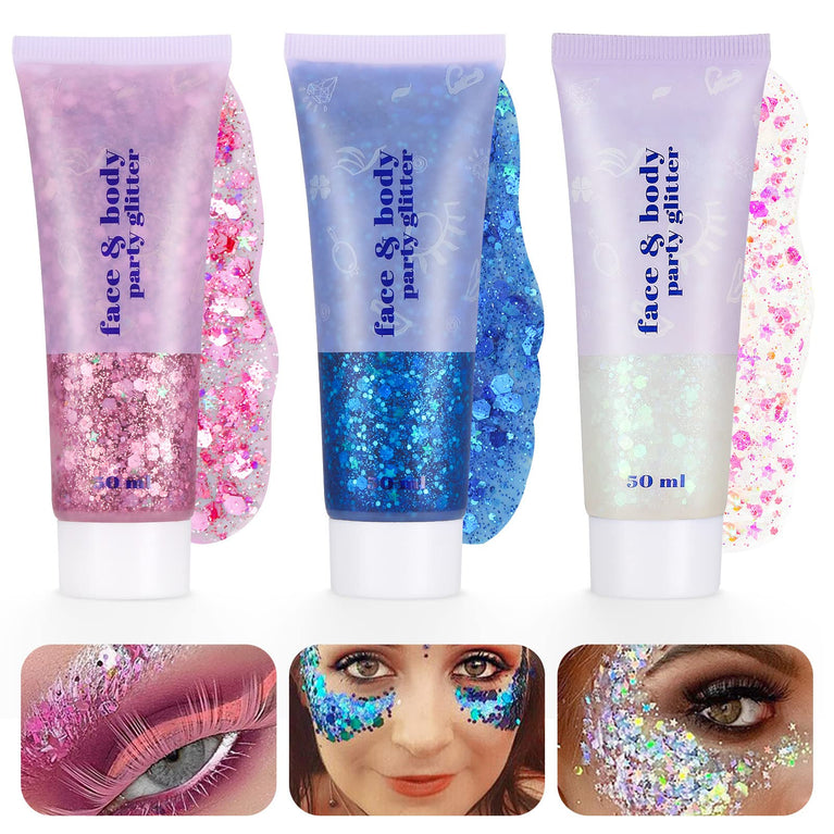 Mermaid Sequin Body Gel Set: 3Pcs 50ml Holographic Glitter Makeup, Chunky Powder for Face, Body, Eye, Hair, Nail Art, and DIY Projects - Perfect for Festivals and Parties