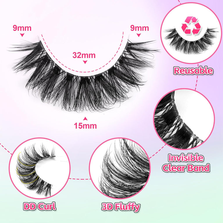 Calphdiar Fluffy 3D Volume False Eyelashes: 14mm Natural D-Curl Wispy Strip Lashes, 10 Pair Pack