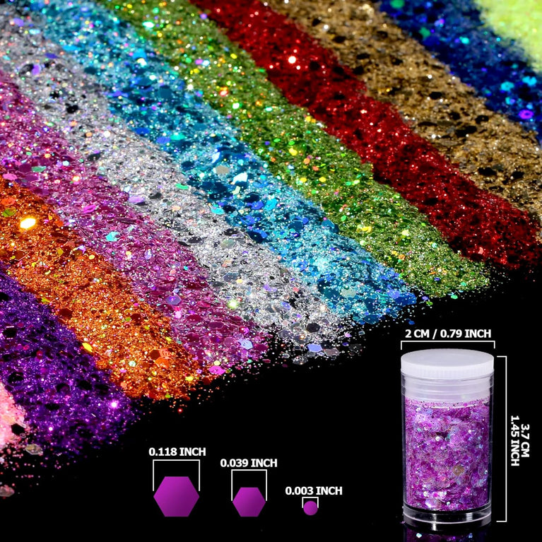 FANDAMEI 32-Color Holographic Chunky Glitter Set for Body, Face, Hair, Nails and Crafts - Non-toxic and Harmless Sparkle Decoration for Festivals, Parties, and DIY Resin Projects