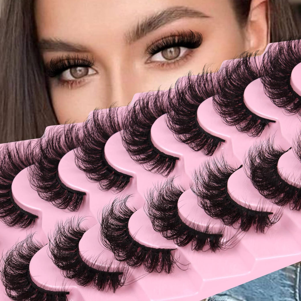 JIMIRE 20MM Long Dramatic D Curl Faux Mink Eyelashes - 7 Pair Pack of Full Volume, Wispy, Fluffy False Lashes with Cat Eye Effect, Resembles High-End Salon Extensions