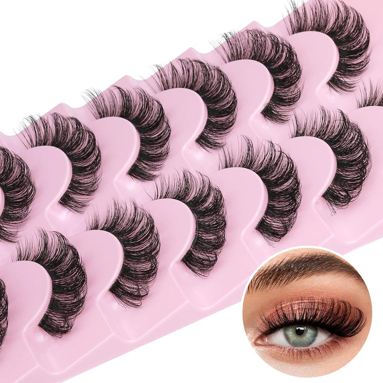 Goddvenus 16mm Natural-look Eyelash Pack, 3D Curly Cat Eye Lashes Strips, 7 Pairs of Reusable Fluffy D Curl Short Volume Lashes with Clear Band – Resembles Extensions