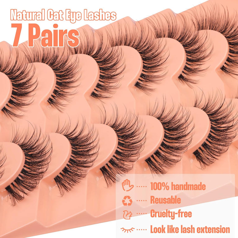 Mavphnee's Cat Eye 3D Faux Mink Eyelashes with Clear Band, Natural Look, Lightweight and Reusable, 7 Pairs